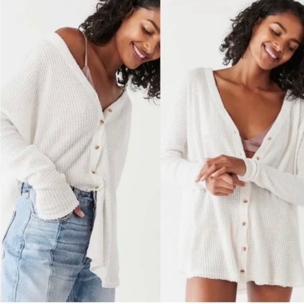Urban Outfitters Out from Under Button-Up Waffle Knit Cardigan Long Sleeve Cream